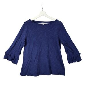 J.Jill Coastal Resort Blue Linen Top Bell‎ Ruffle 3/4 Sleeve Breathable Womens L